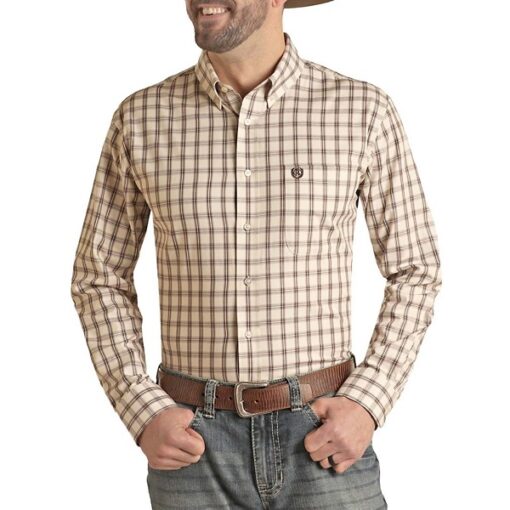 Men's Rock & Roll Denim Check Long Sleeve Button Up Shirt Medium Brown