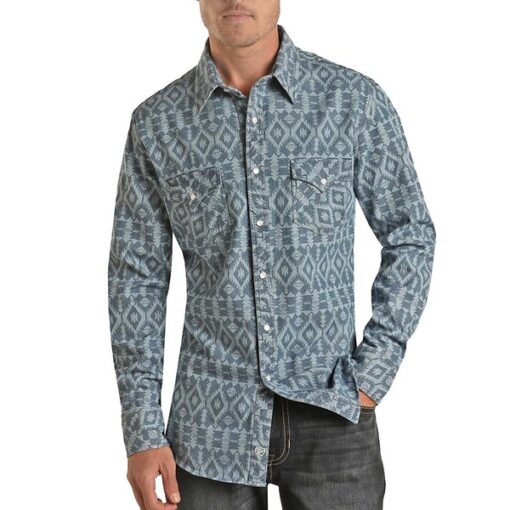 Men's Rock & Roll Denim Slim Fit Aztec Print Snap Long Sleeve Button Up Shirt XLarge Blue