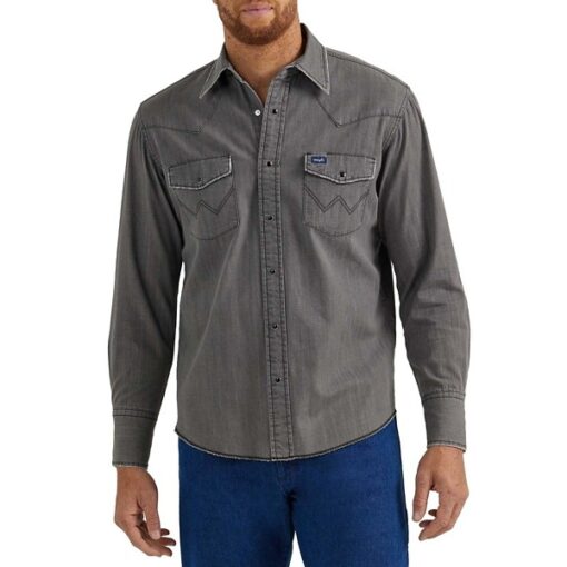 Men's Wrangler Vintage Inspired Denim Snap Long Sleeve Button Up Shirt Large Black
