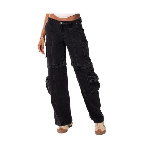 Women's Convertible two piece denim cargo pants - Black-washed