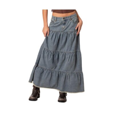 Women's Countryside tiered washed denim maxi skirt - Blue