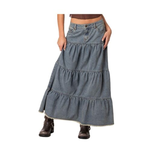 Women's Countryside tiered washed denim maxi skirt - Blue