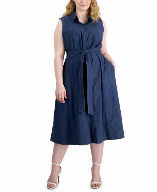 Anne Klein Plus Size Denim Shirtdress - Indigo - Dark Wash