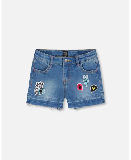 Girl Blue Jean Short With Funny Patches - Toddler Child - Blue denim