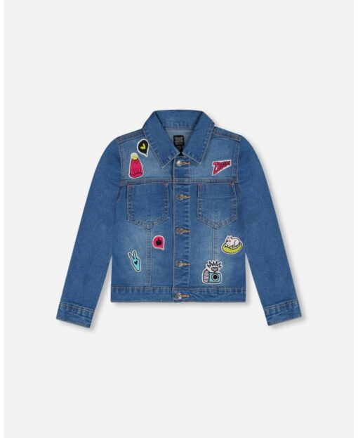 Girl Jean Jacket With Funny Patches - Child - Blue denim