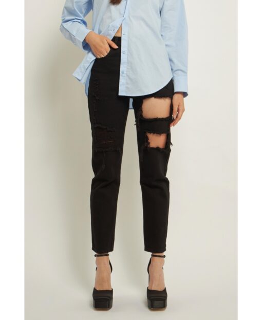 Grey Lab Women's Cut Out Ripped Straight Leg Denim Jeans - Black