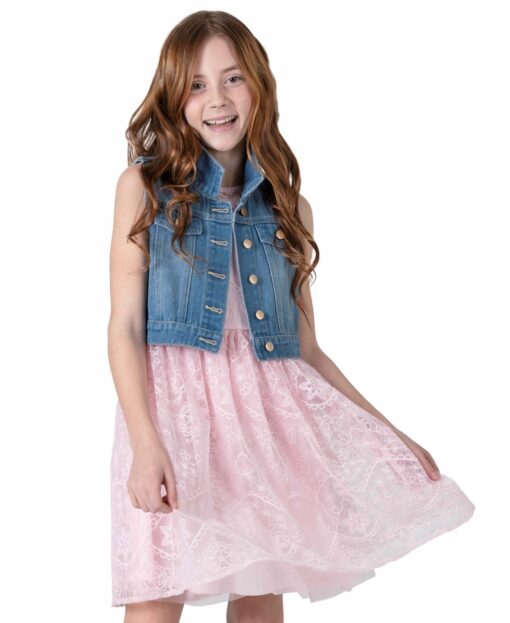 Rare Editions Big Girls Denim Vest and Embroidered Dress Outfit, 2 Pc - Blush