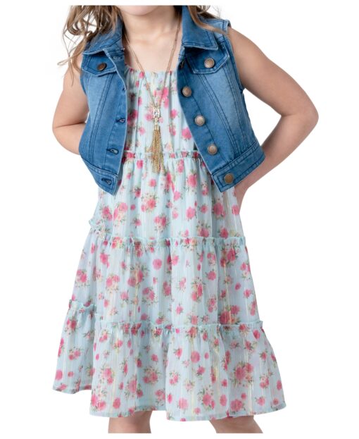 Rare Editions Toddler & Little Girls Denim Vest Dress Outfit with Necklace, 3 Pc - AQUA