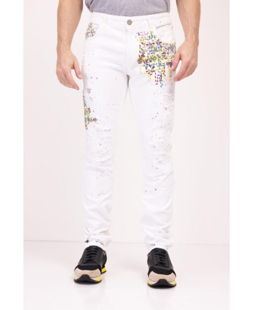 Ron Tomson Men's Modern Embroidered Denim Jeans - White