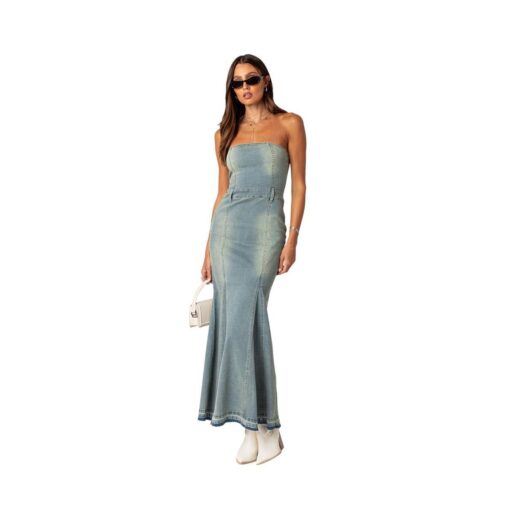 Women's Astoria Slitted Denim Maxi Dress - Blue-washed