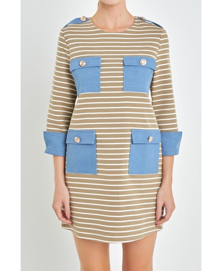 Women’s Striped Jersey Knit Dress With Denim Pockets – Taupe multi