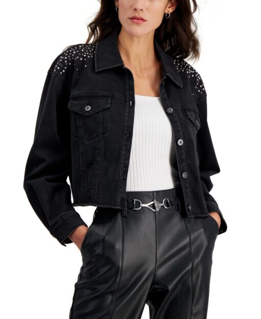 I.n.c. International Concepts Women's Embellished Denim Trucker Jacket, Created for Macy's - Deep Black Wash