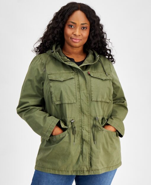 Levi's Plus Size Cotton Hooded Military Zip-Front Jacket - Olive