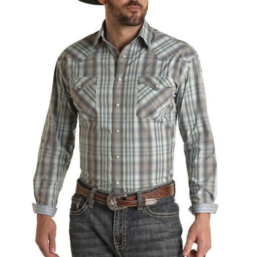 Men's Rock & Roll Denim Snap Long Sleeve Button Up Shirt Large Grey