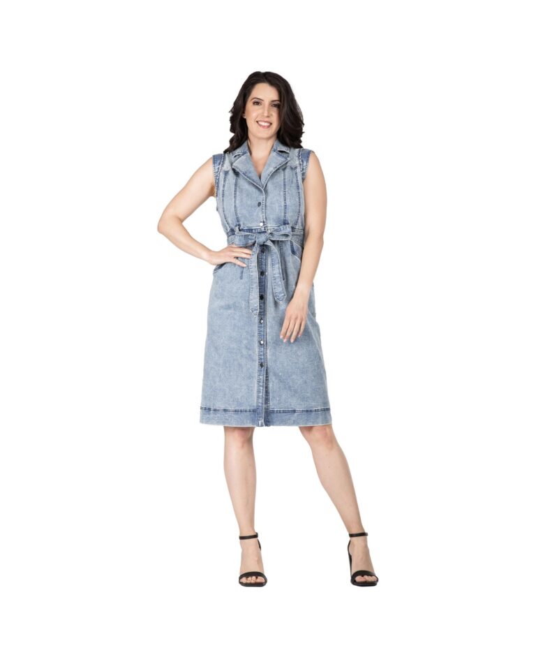 Women’s Belted Denim Pocket Midi Dress – Blue stone wash